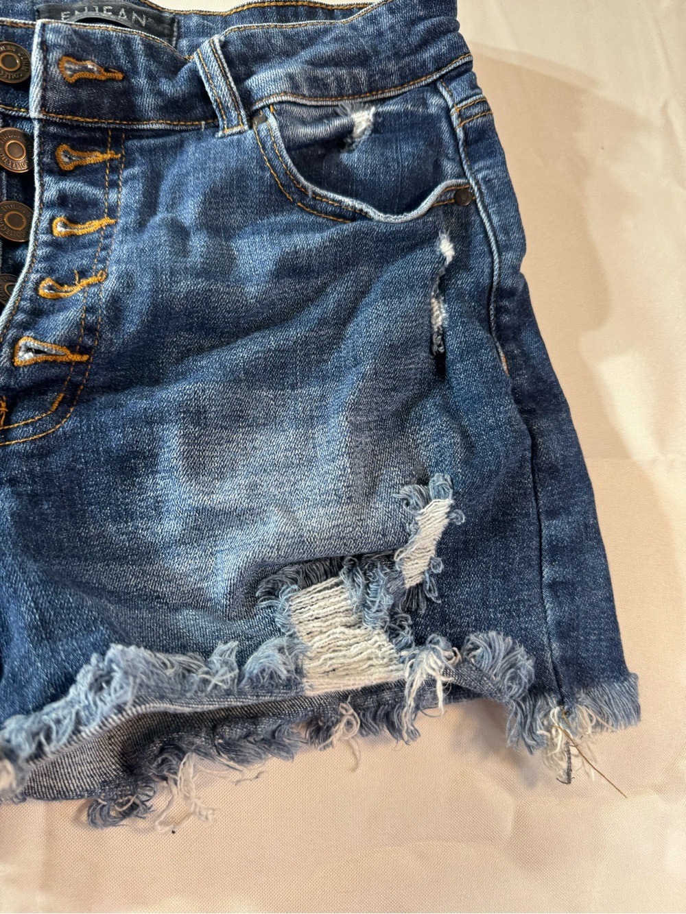 Jean Large Button-Front Distressed Denim Shorts in Blue - Picture 3 of 9